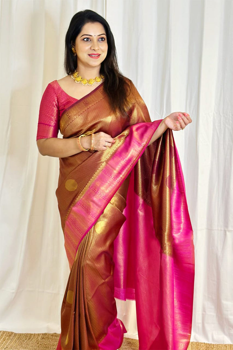 Fairytale Brown Soft Banarasi Silk Saree With Blouse Piece