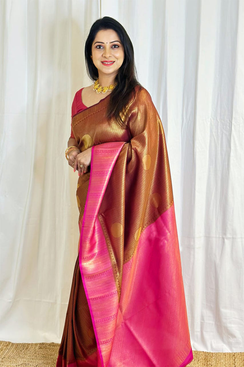 Fairytale Brown Soft Banarasi Silk Saree With Blouse Piece