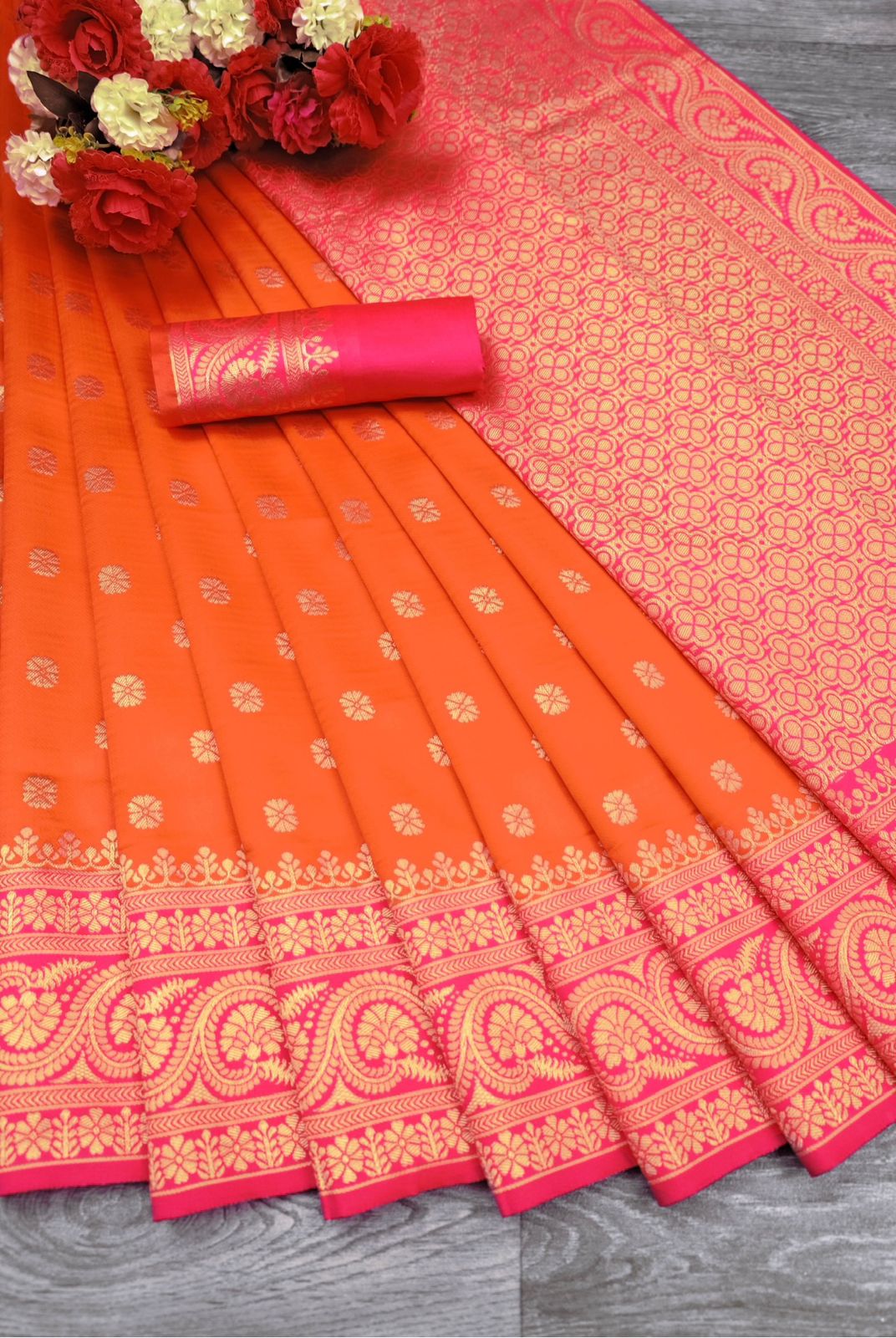 Flattering Orange Color Soft Banarasi Silk Saree With Blouse Piece