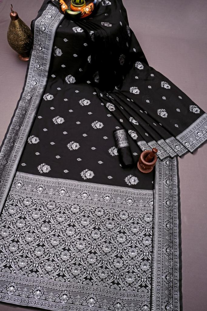 Lovely Black Color Soft Banarasi Silk Saree With Blouse Piece