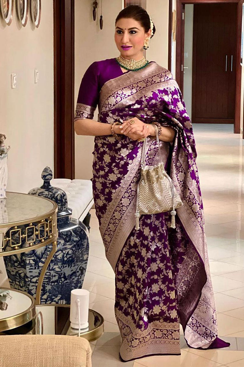 Incredible Purple Color Soft Golden Zari Weaving Silk Saree With Blouse Piece