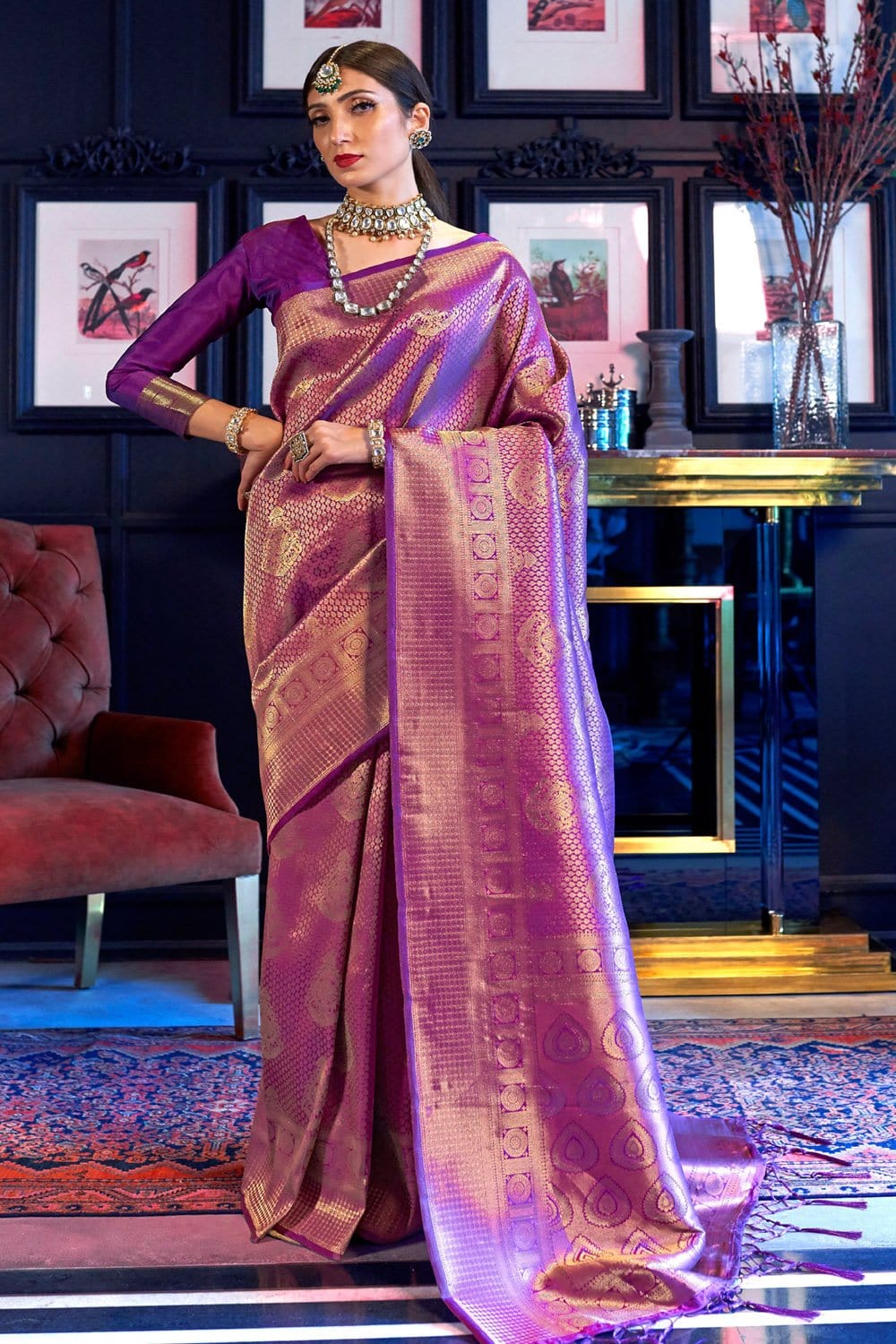 Angelic Purple Color Kanjivaram Silk Saree With Fragrant Blouse Piece