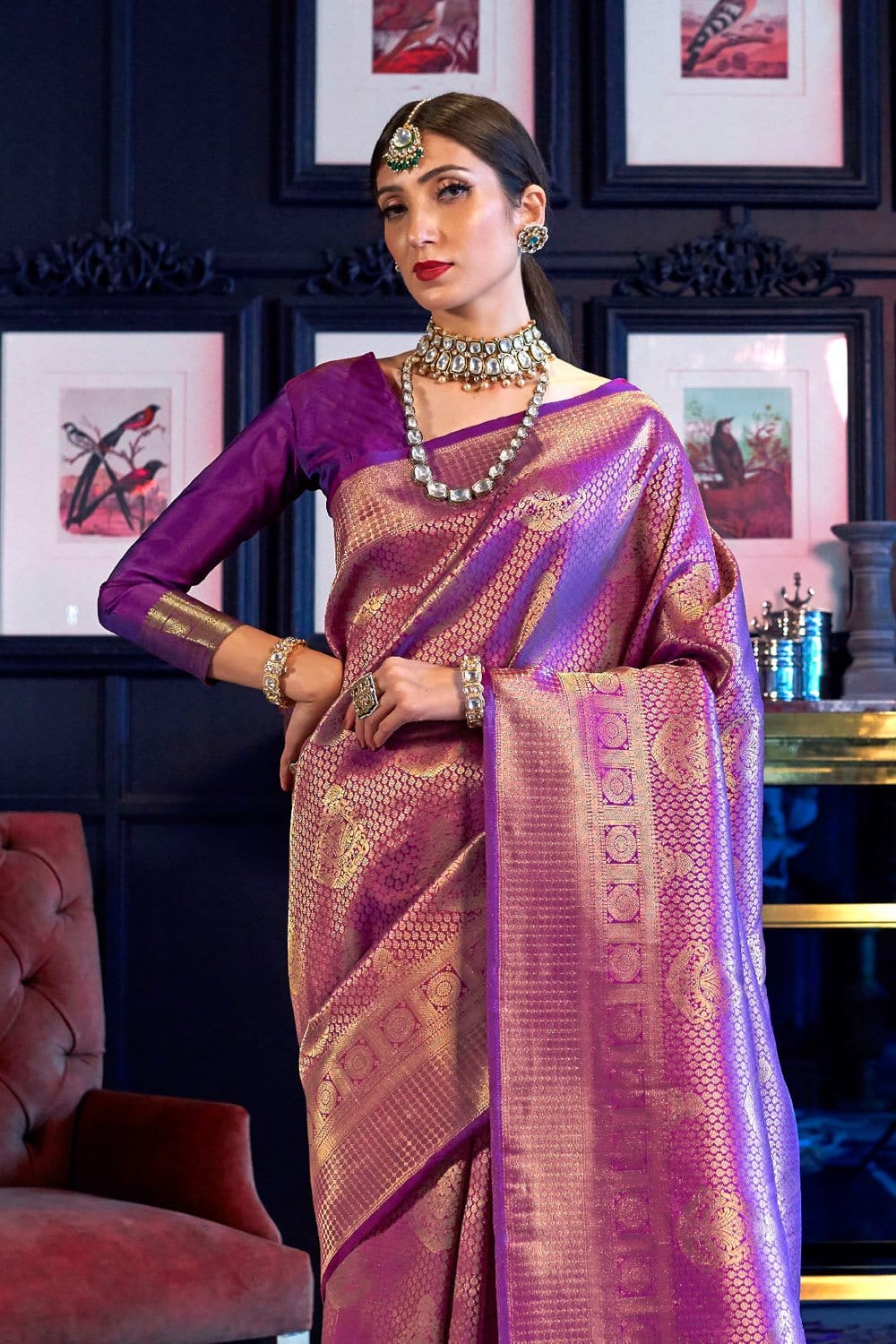 Angelic Purple Color Kanjivaram Silk Saree With Fragrant Blouse Piece