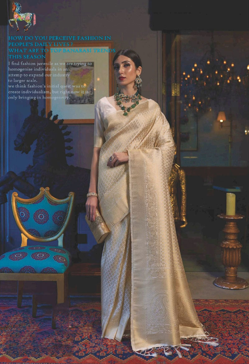 Inspiring Beige Color Kanjivaram Silk Saree With Supernal Blouse Piece