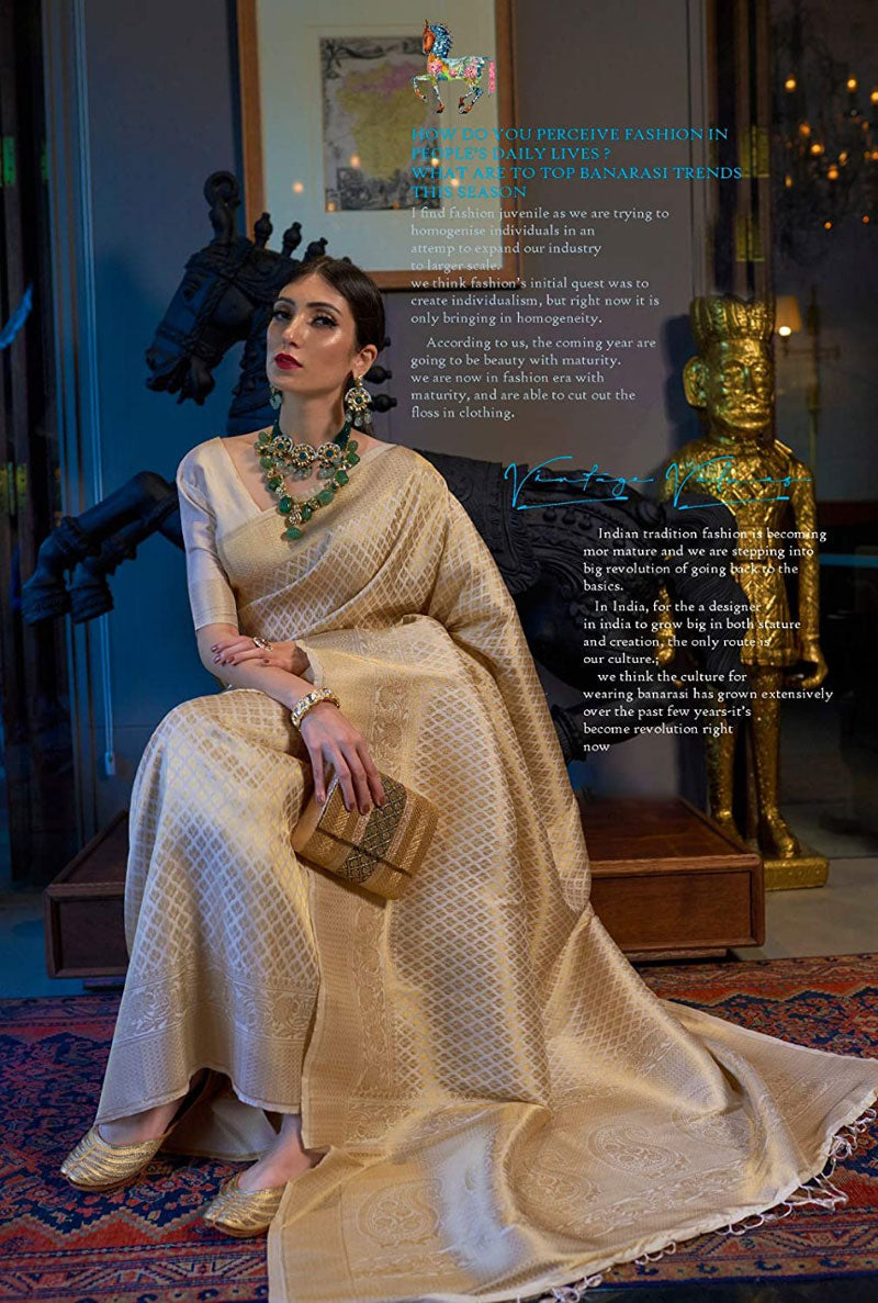 Inspiring Beige Color Kanjivaram Silk Saree With Supernal Blouse Piece