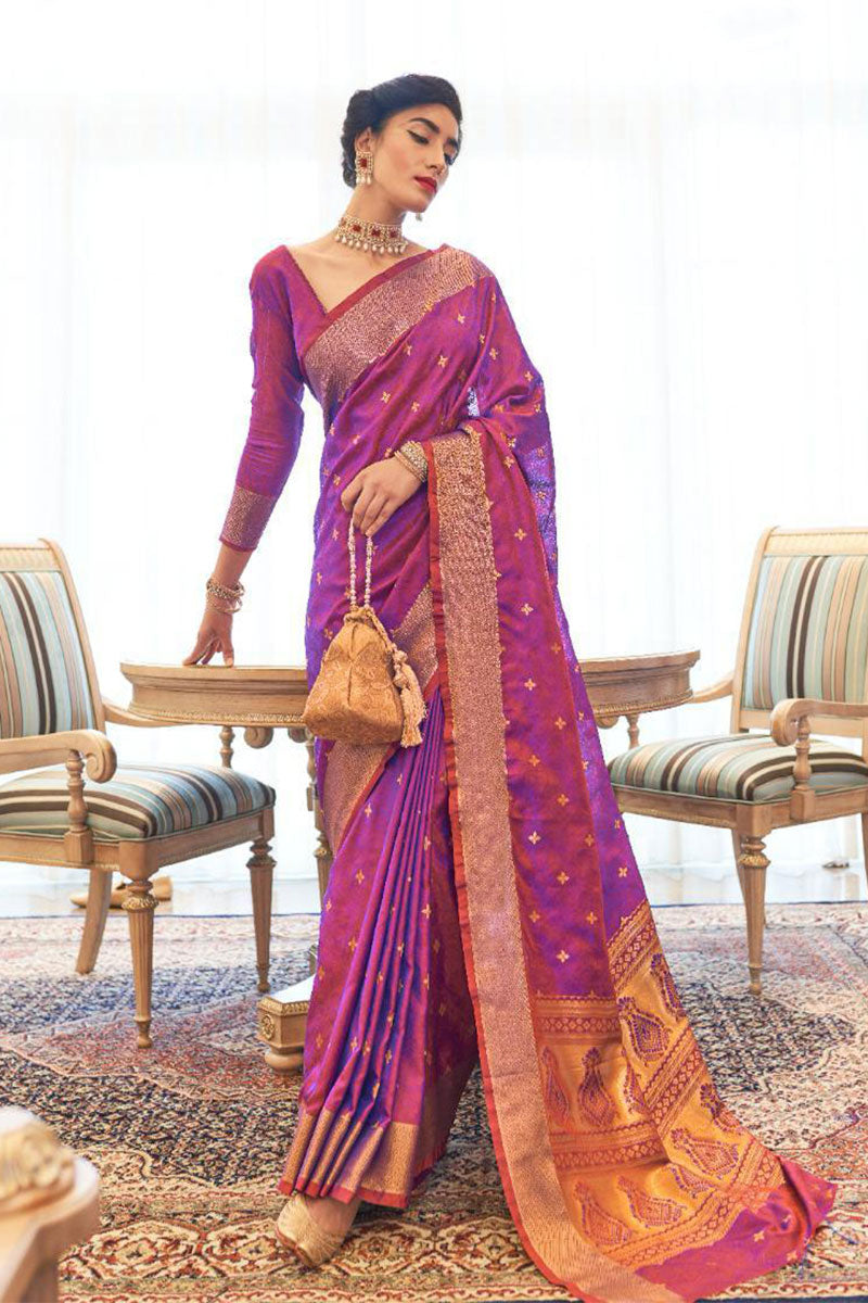 Bucolic Purple Color Kanjivaram Silk Saree With Demesne Blouse Piece