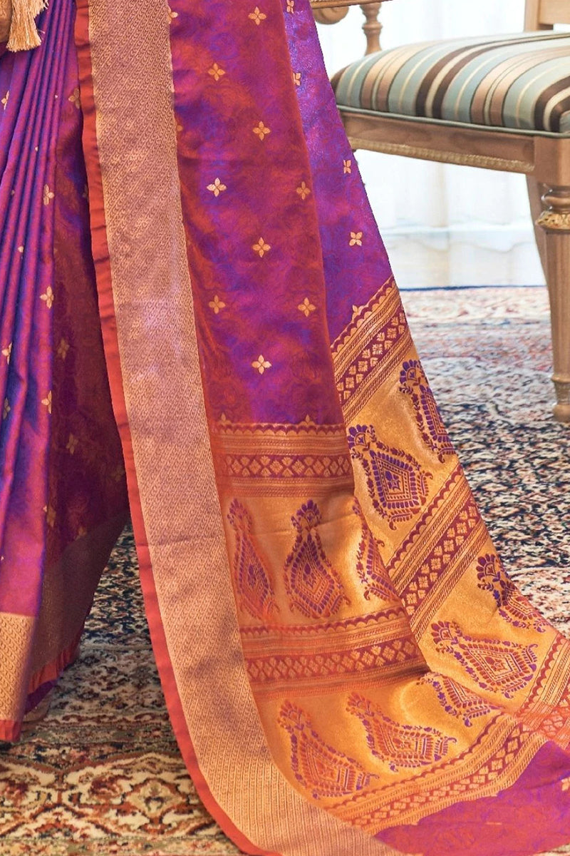 Bucolic Purple Color Kanjivaram Silk Saree With Demesne Blouse Piece