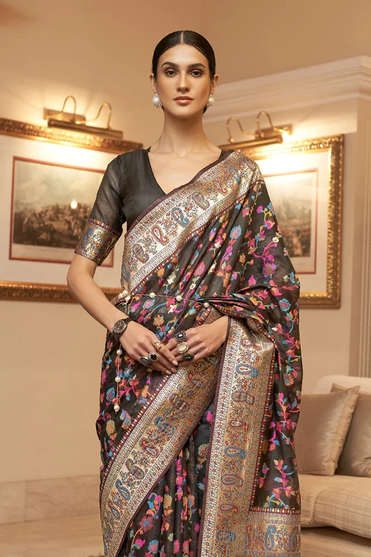 Unique Black Color Pashmina Saree With Incredible Blouse Piece