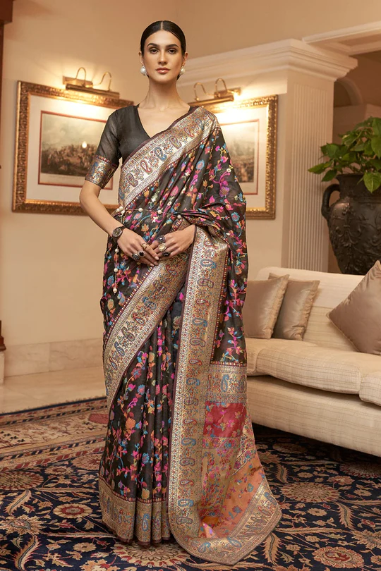 Unique Black Color Pashmina Saree With Incredible Blouse Piece