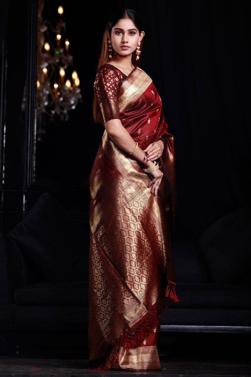 Delightful Maroon Color Banarasi Silk Saree With Elegant Blouse Piece