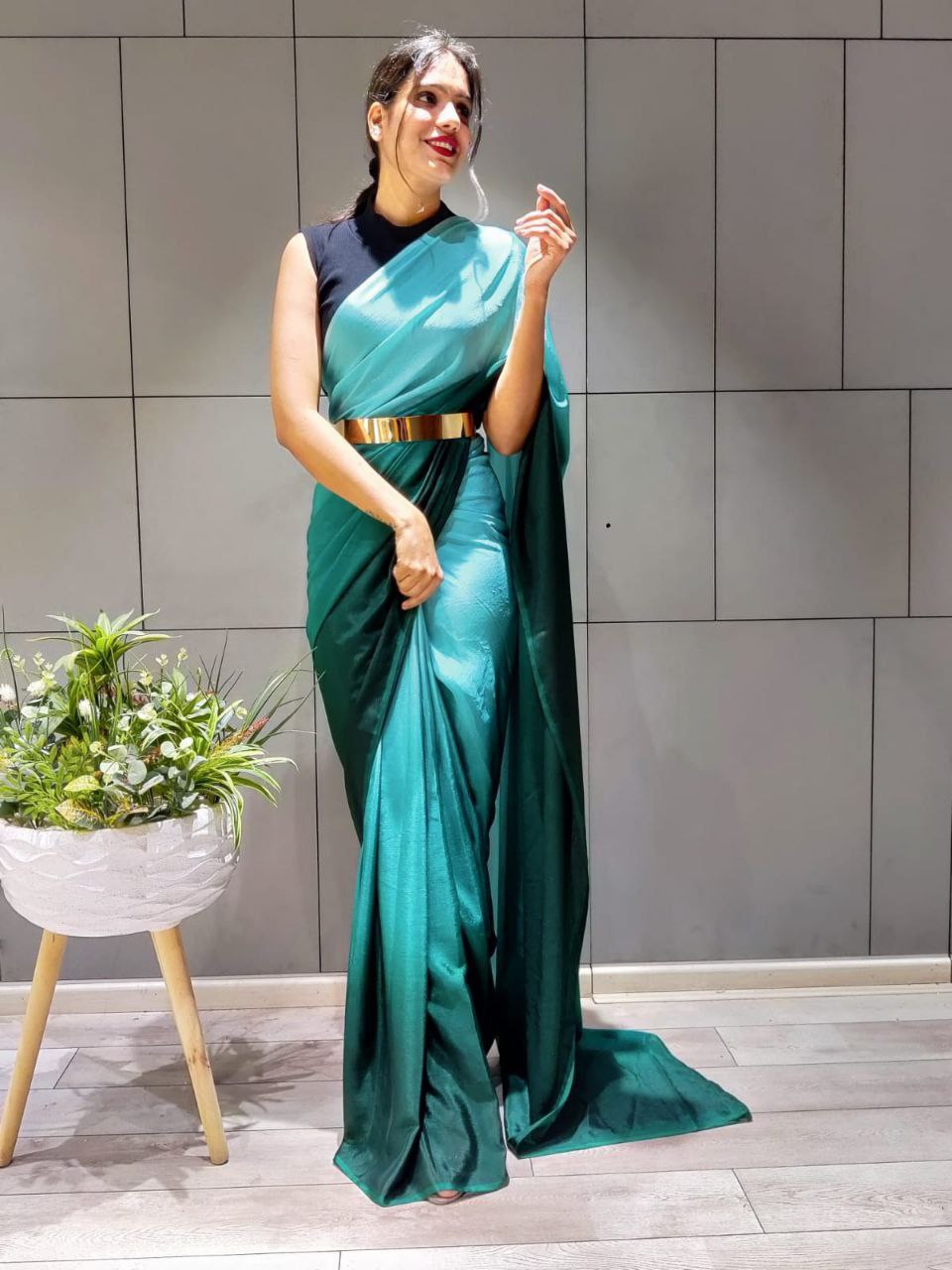 Ready To Wear Beautiful Pading Bottle Green 3D Shaded Colours Premium Chinon Silk Saree