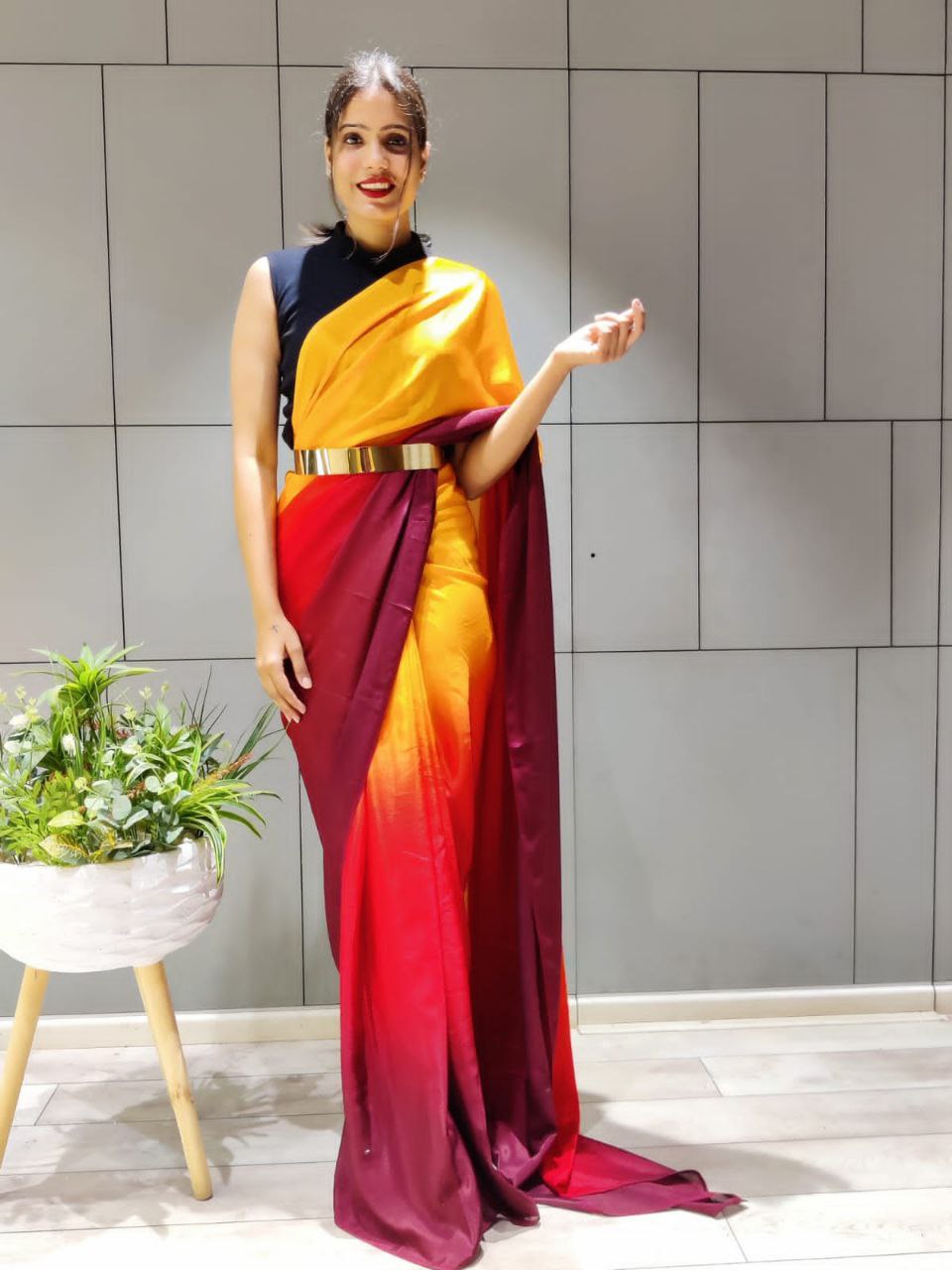 Ready To Wear Beautiful Pading Red 3D Shaded Colours Premium Chinon Silk Saree