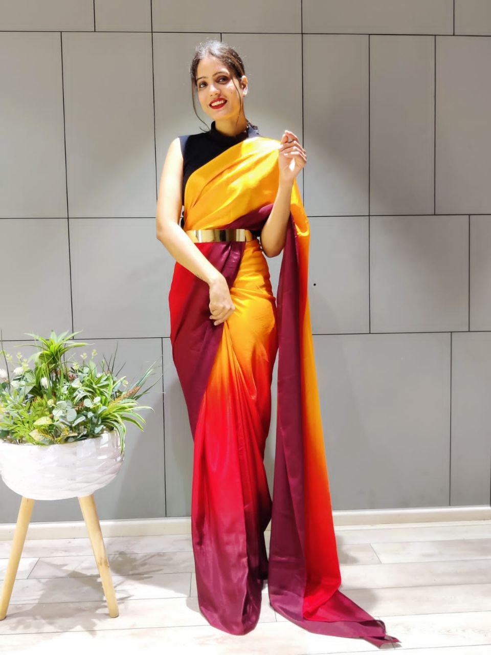 Ready To Wear Beautiful Pading Red 3D Shaded Colours Premium Chinon Silk Saree
