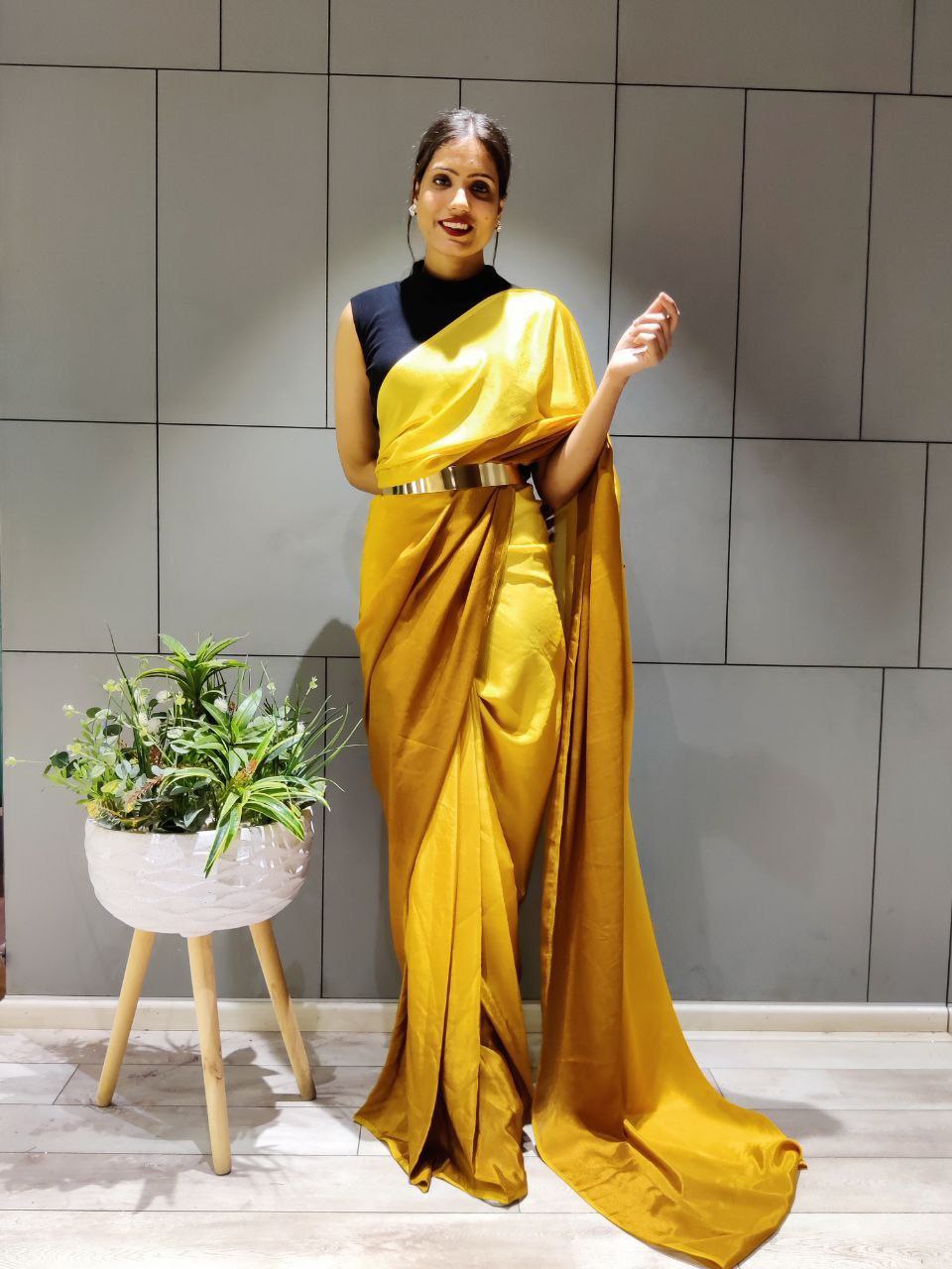 Ready To Wear Beautiful Pading Yellow 3D Shaded Colours Premium Chinon Silk Saree