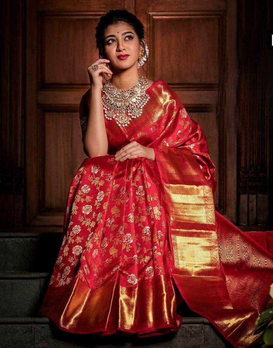Innovative Red Soft Banarasi Silk Saree With Glowing Blouse Piece