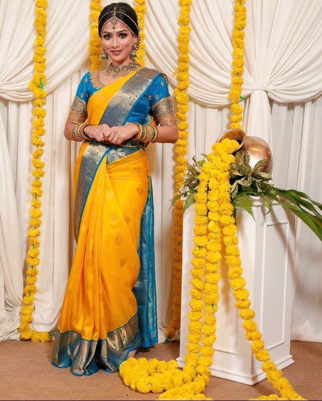 Flattering Yellow Soft Silk Saree With Lovely Blouse Piece
