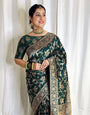 Stunning Green Soft Banarasi Silk Saree With Vestigial Blouse Piece