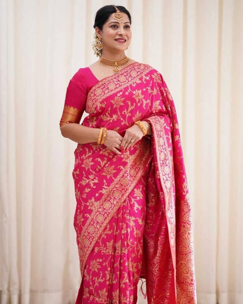Stunning Pink Soft Banarasi Silk Saree With Twirling Blouse Piece