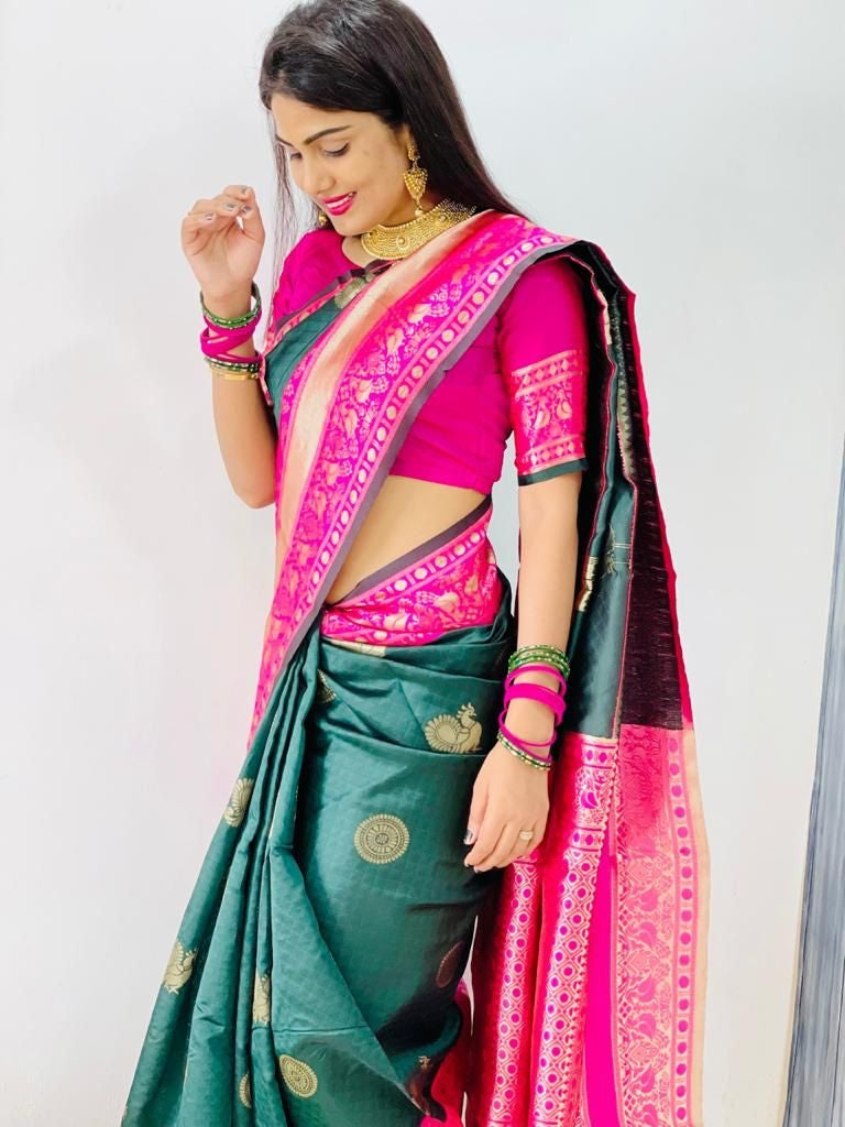 Staring Green Color Sof Silk Saree With Blouse Piece