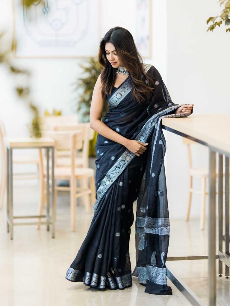 Chatoyant Black Soft Silk Saree With Classic Blouse Piece
