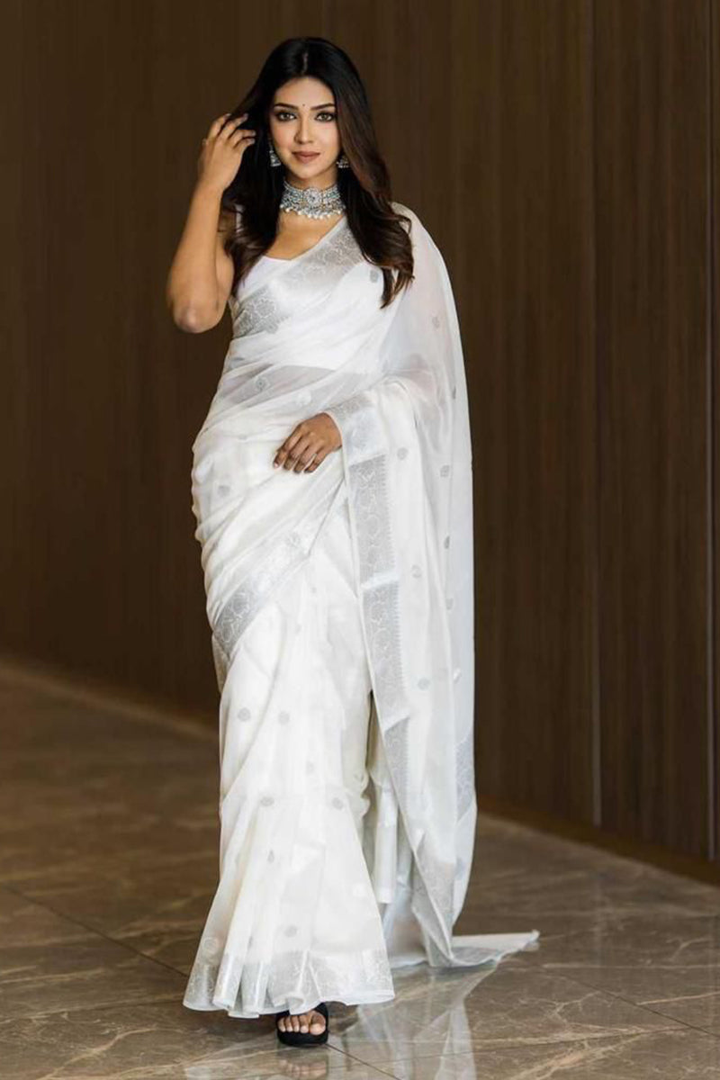 Efflorescence White Soft Silk Saree With Classic Blouse Piece