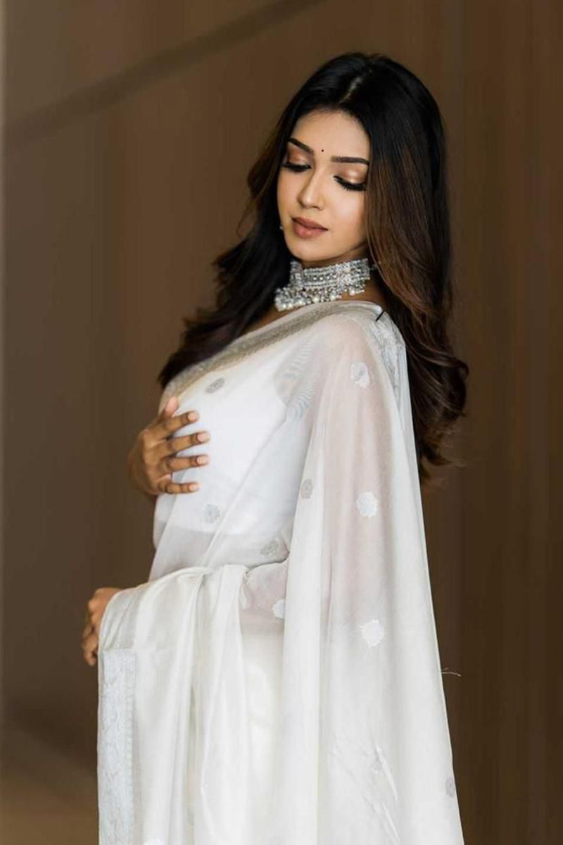 Efflorescence White Soft Silk Saree With Classic Blouse Piece