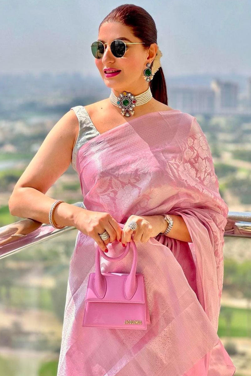 Luxuriant Baby Pink Color Soft Silk Saree With Blouse Piece