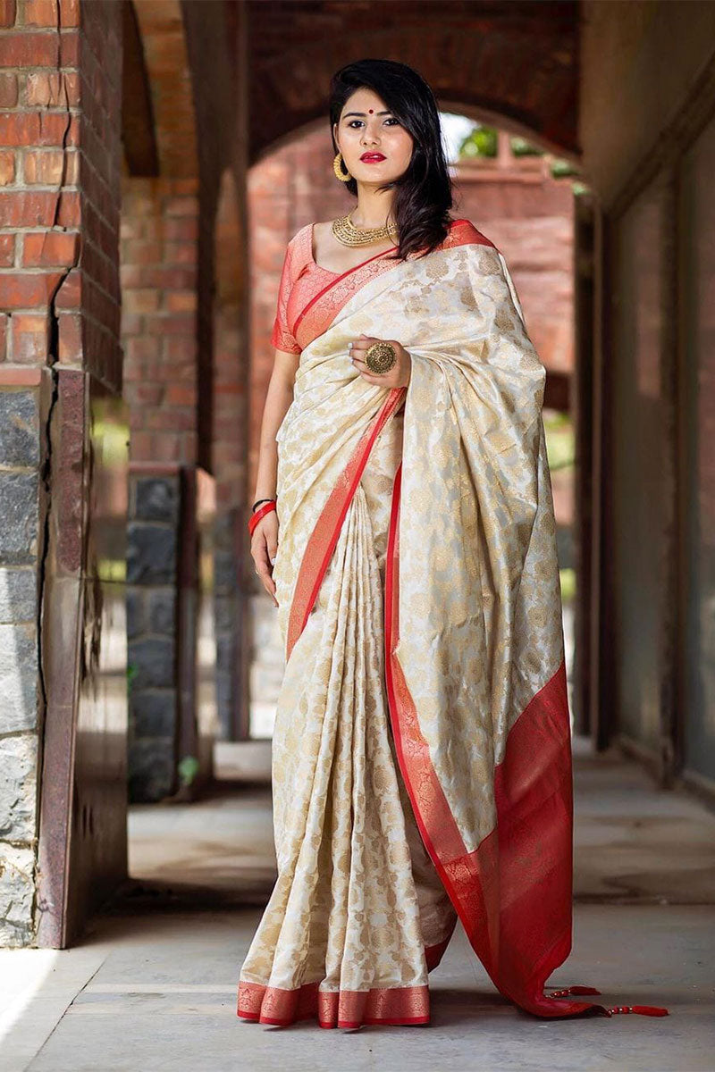 Denouement White Soft Banarasi Silk Saree With Blouse Piece