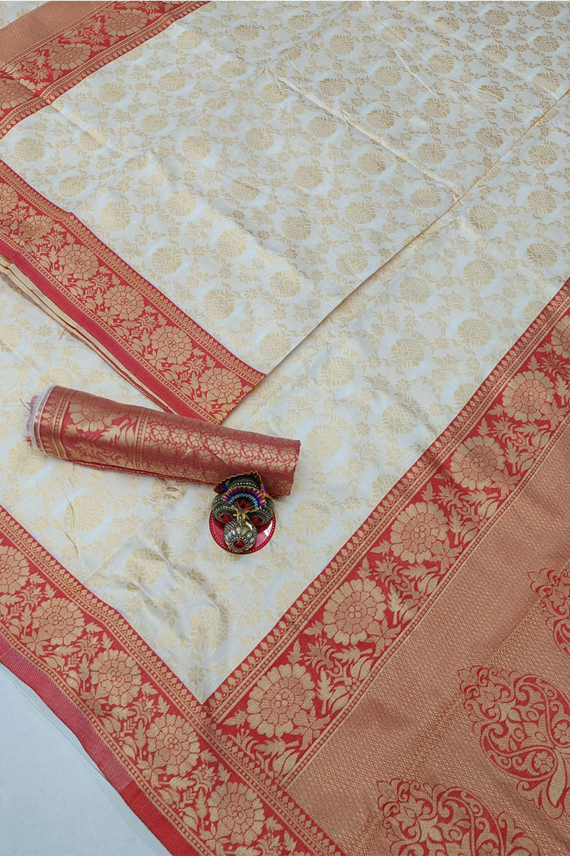 Denouement White Soft Banarasi Silk Saree With Blouse Piece