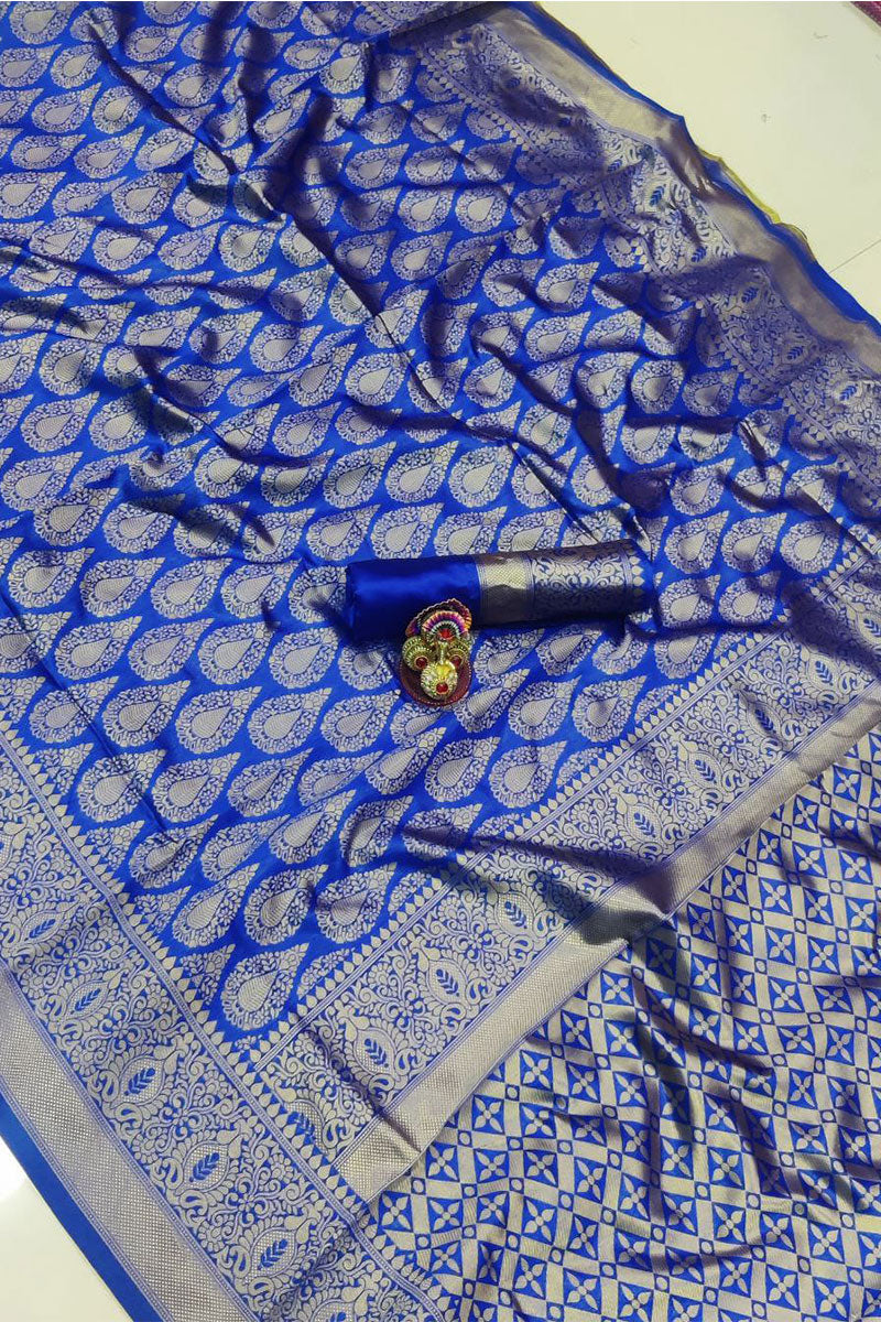Easy On Eyes Blue Color Soft Banarasi Silk Saree With Blouse Piece