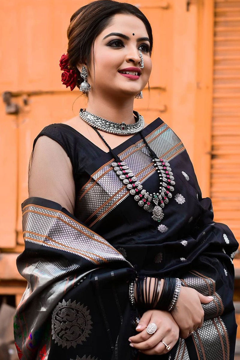 Enchanting Black Color Paithani Silk Saree With Blouse Piece