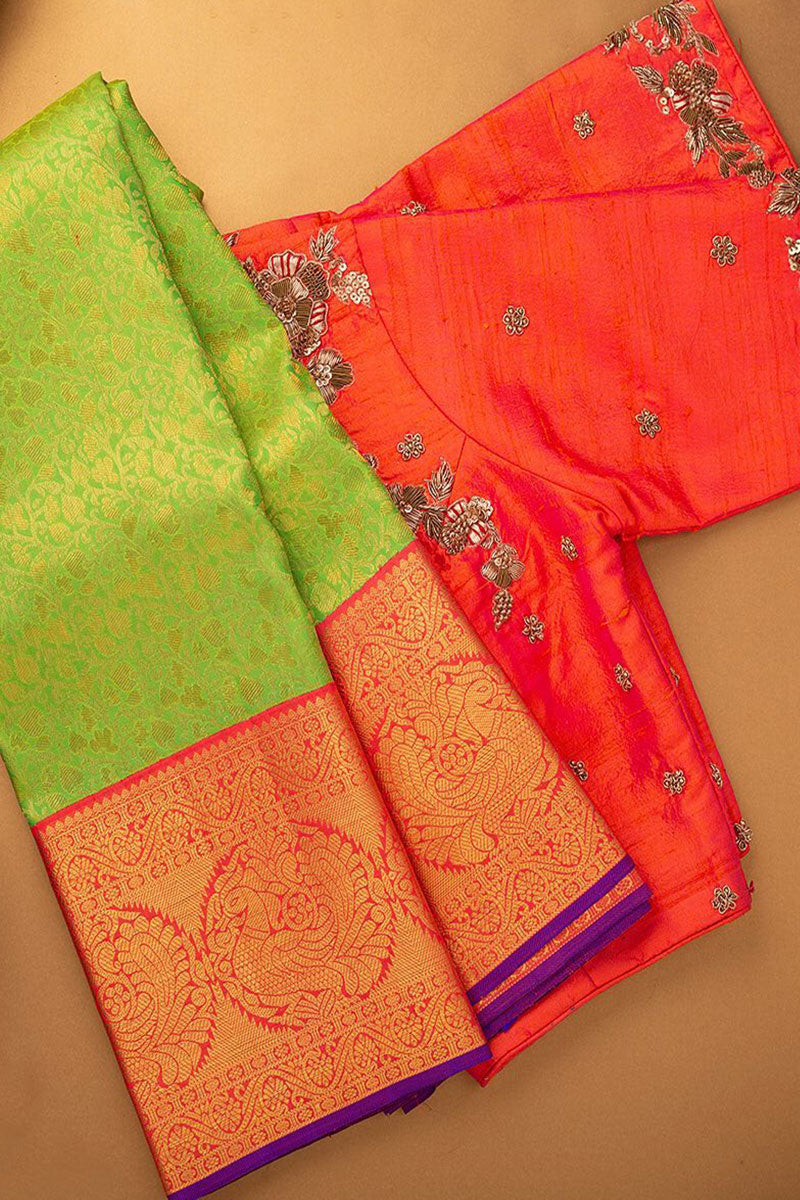 Exceptional Parrot Color Soft Banarasi Silk Saree With Two Blouse Piece