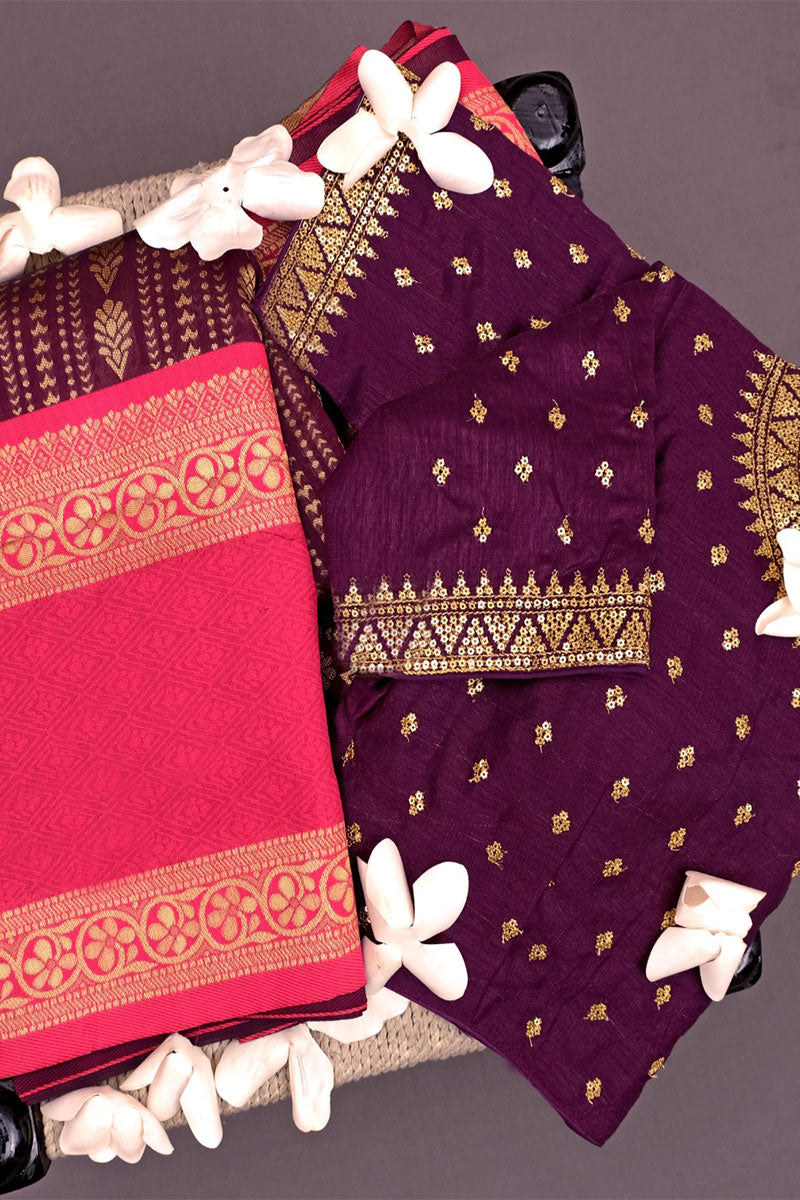 Exquisite Wine Color Soft Banarasi Silk Saree With Two Blouse Piece