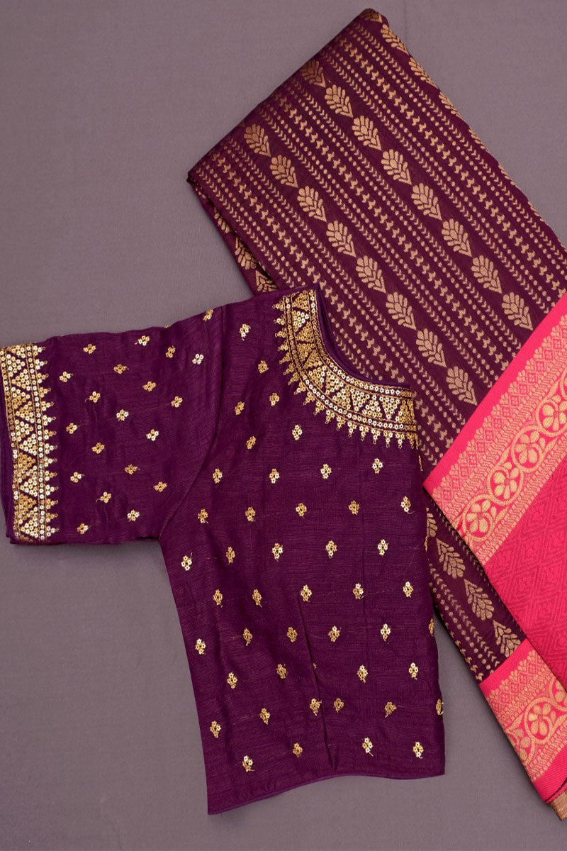 Exquisite Wine Color Soft Banarasi Silk Saree With Two Blouse Piece