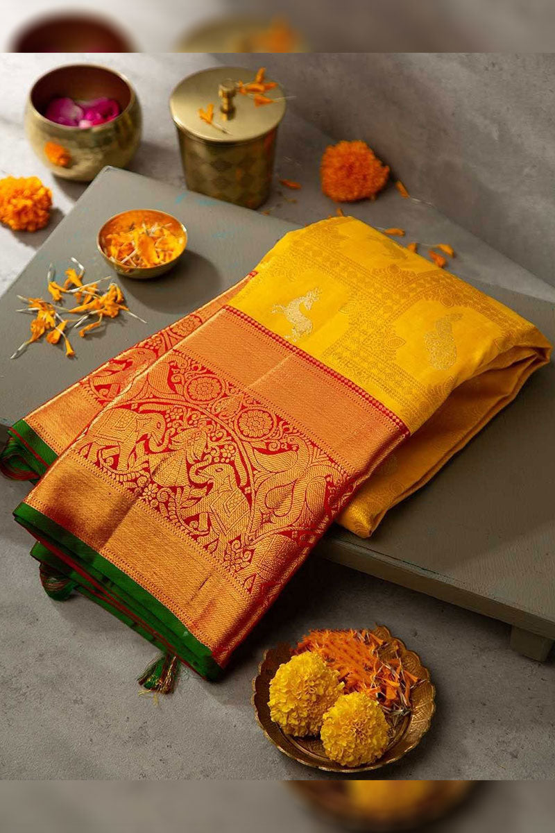 Wonderful Yellow Color Soft Silk Saree With Blouse Piece