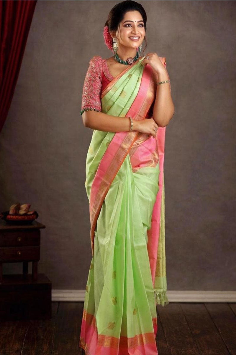 Demanding Pista Color Soft Silk Saree With Blouse Piece