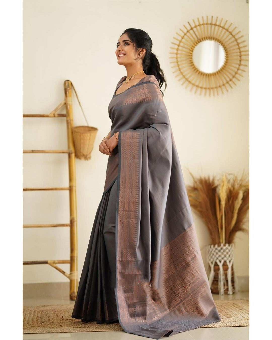 Classy Grey Color Soft Silk Saree With Symmetrical Blouse Piece