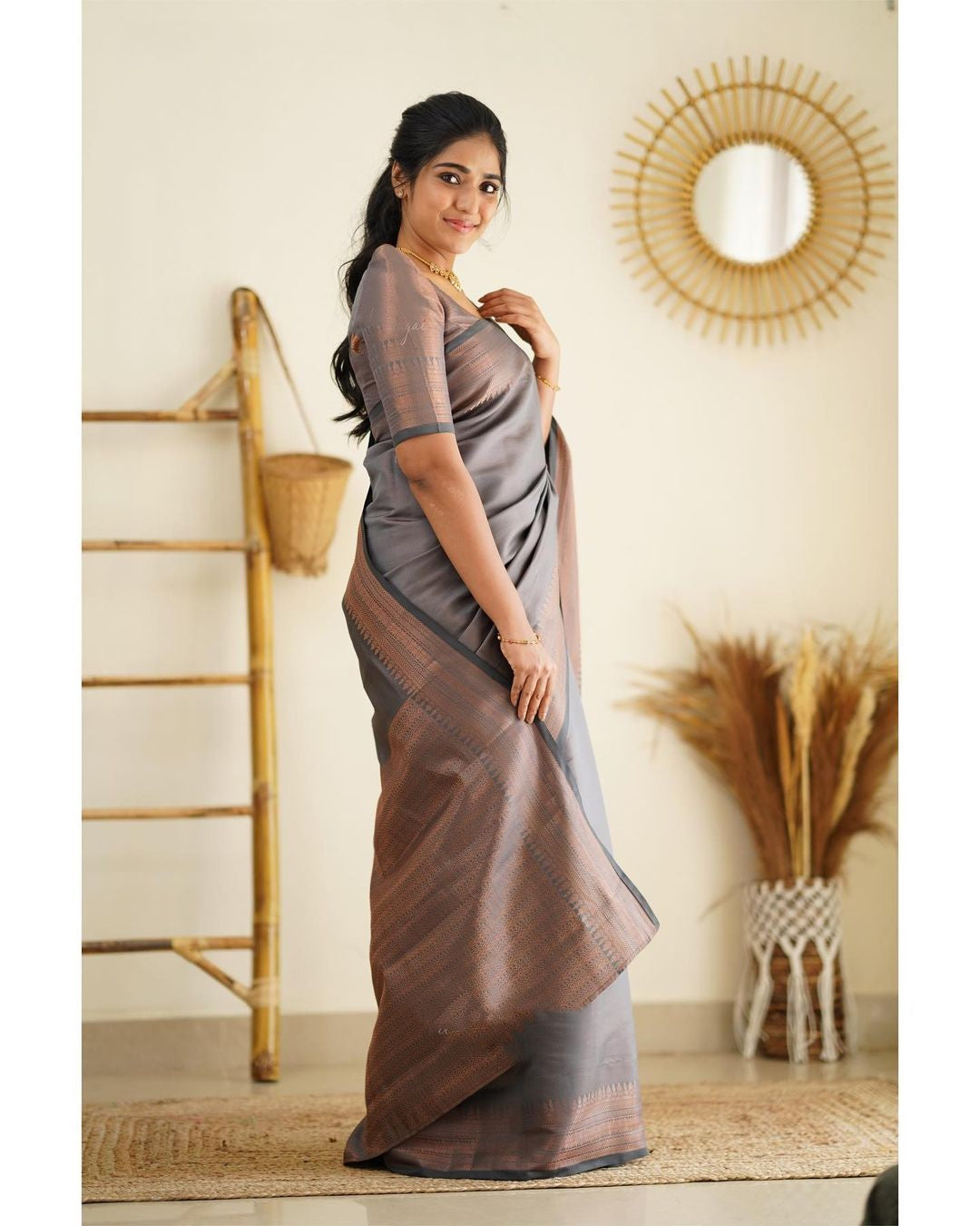 Classy Grey Color Soft Silk Saree With Symmetrical Blouse Piece