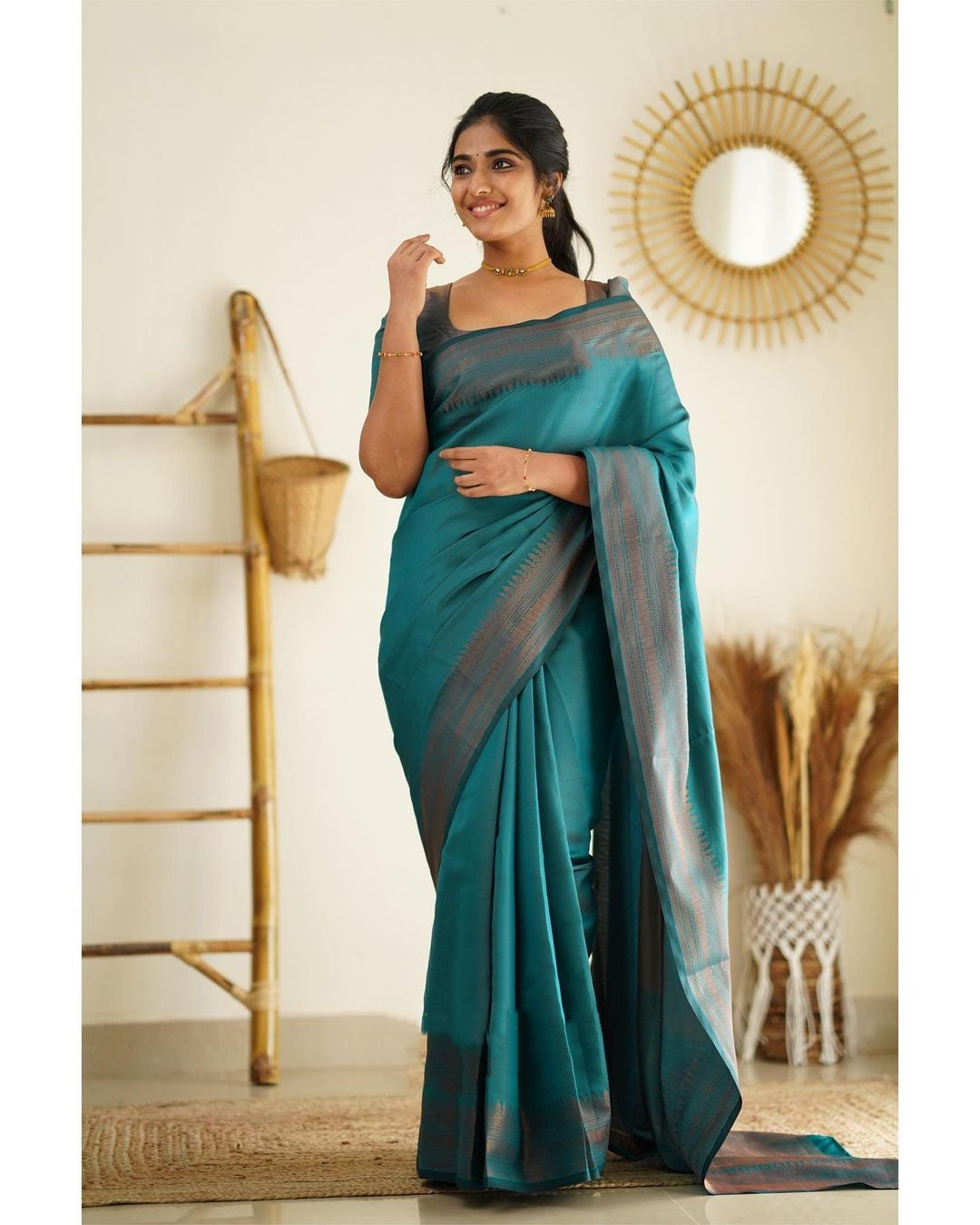 Dalliance Rama Color Soft Silk Saree With Ravishing Blouse Piece