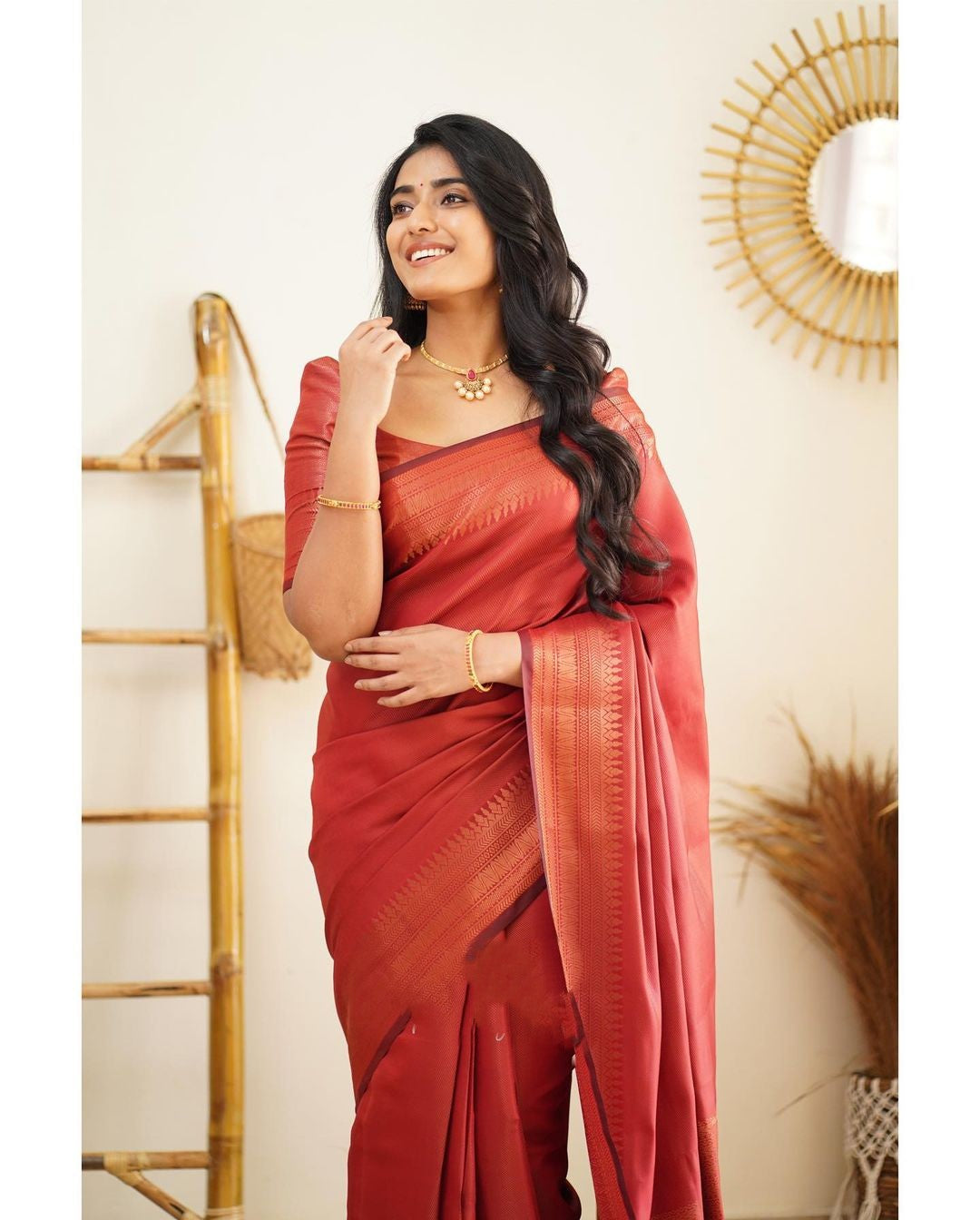 Ebullience Red Color Soft Silk Saree With Nemesis Blouse Piece