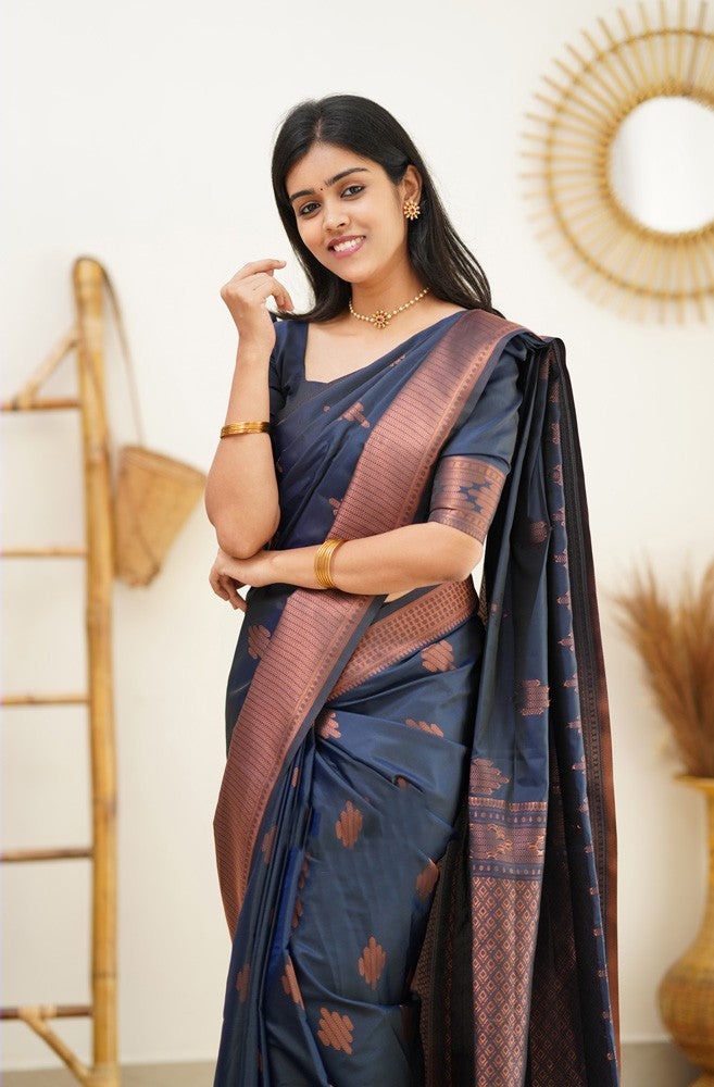 Ratatouille Navy Blue Color Soft Silk Saree With Scintilla Blouse Piece