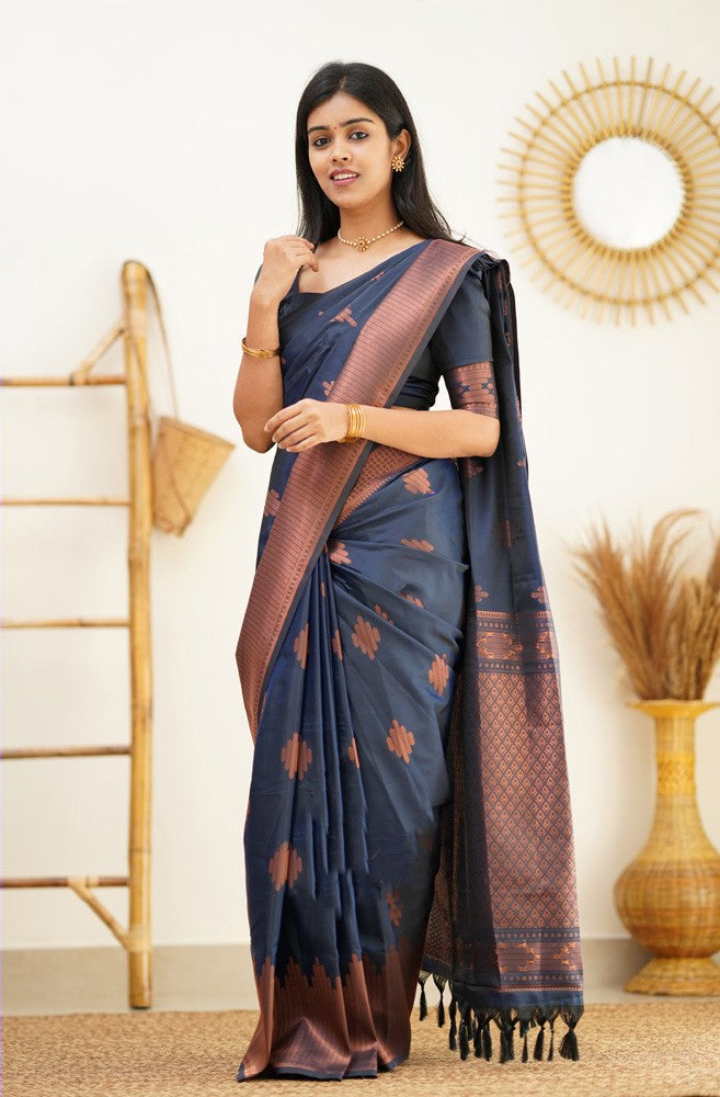 Ratatouille Navy Blue Color Soft Silk Saree With Scintilla Blouse Piece