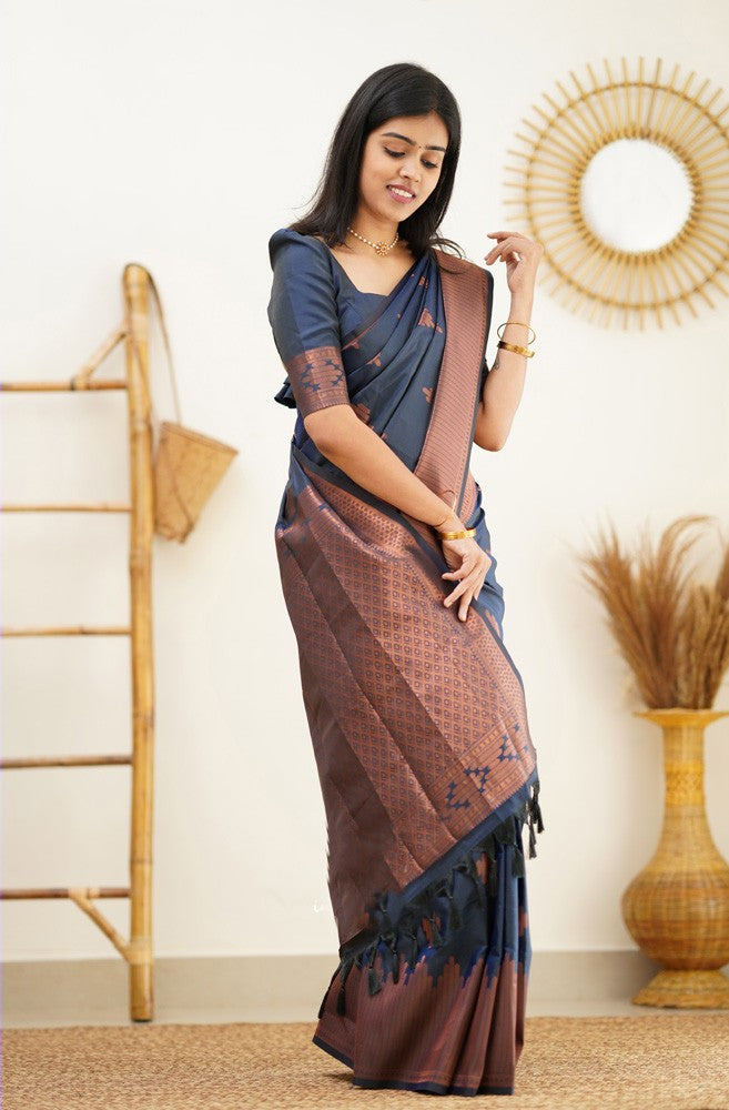 Ratatouille Navy Blue Color Soft Silk Saree With Scintilla Blouse Piece