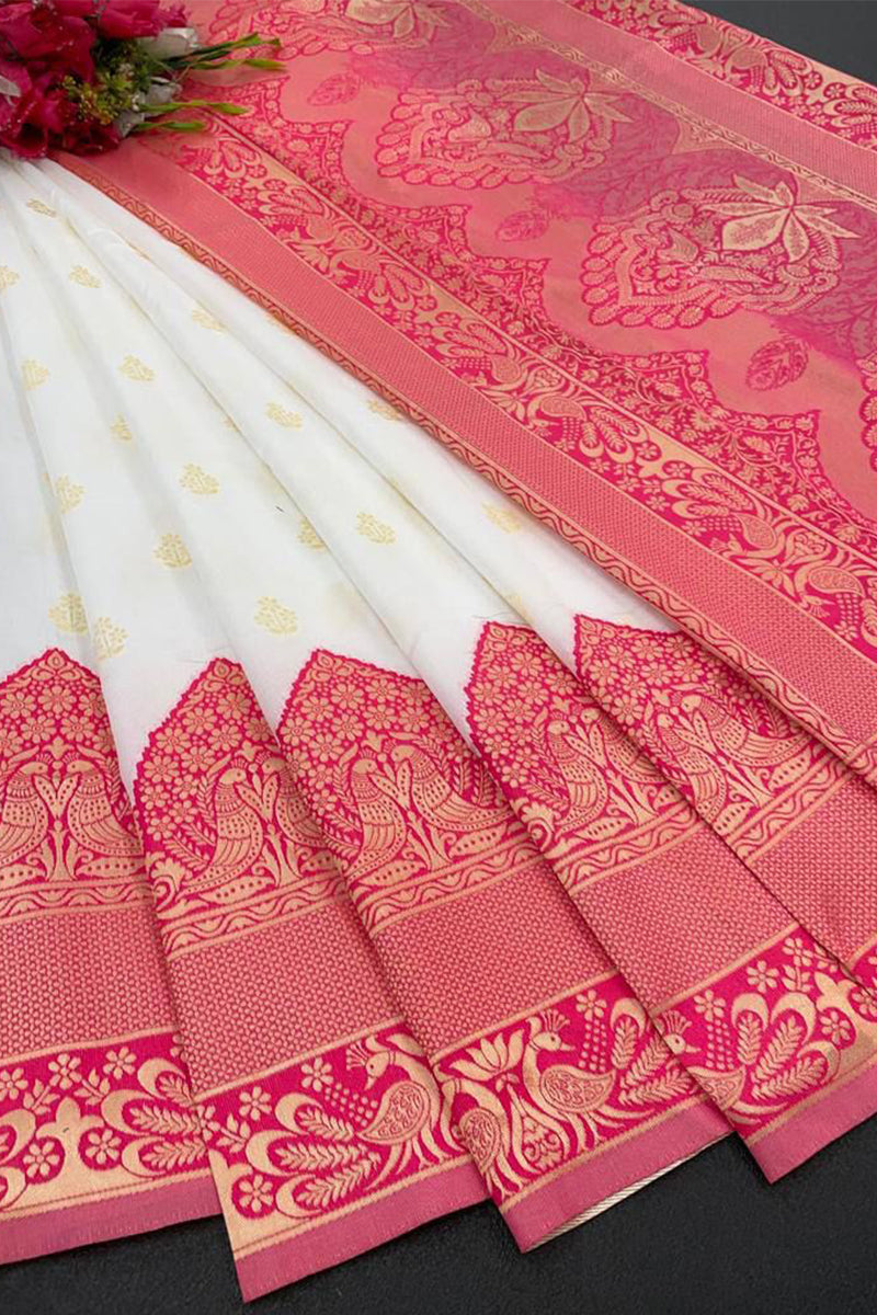 Supernal White Color Banarasi Soft Silk Saree With Surpassing Blouse piece