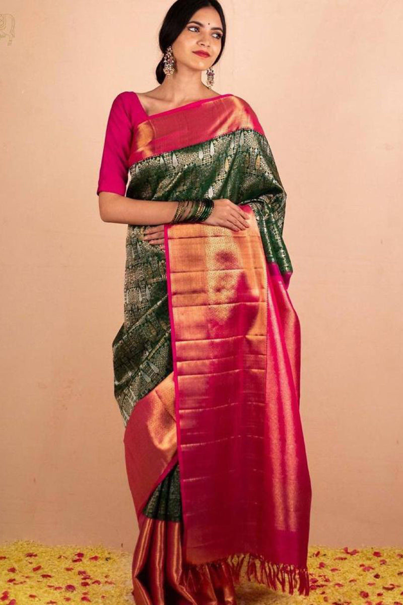 Wonderful Geen Soft Banarasi Silk Saree With Blouse Piece