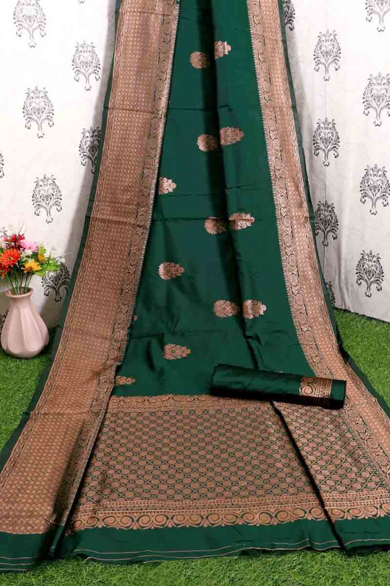 Gleaming Green Color Soft Banarasi Silk Saree With Blouse Piece