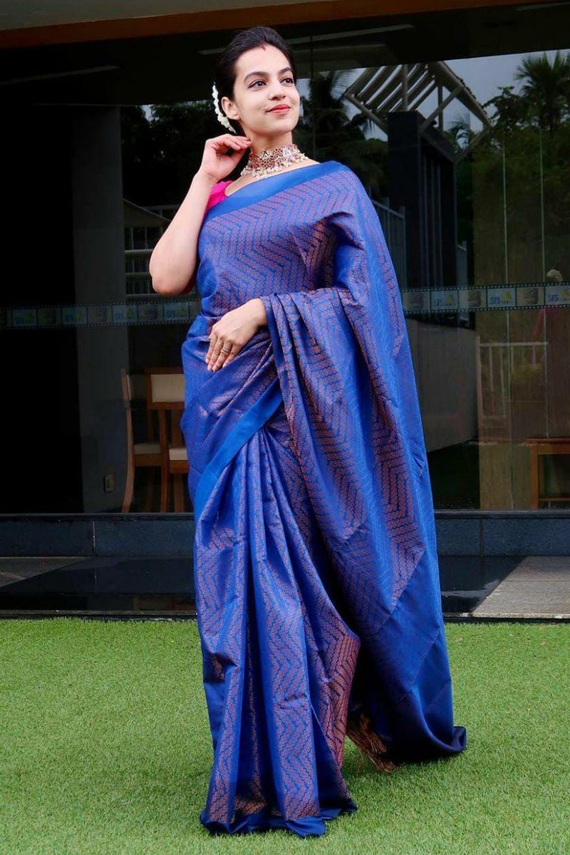 Mellifluous Blue Color Soft Banarasi Silk Saree With Blouse Piece