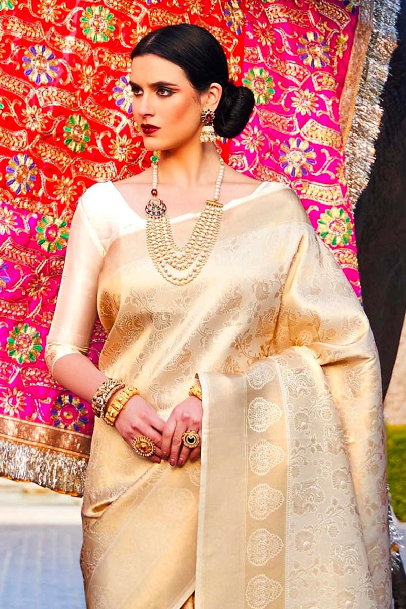 Mesmerising Beige Color Soft Banarasi Silk Saree With Blouse Piece