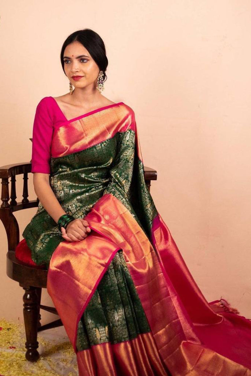 Wonderful Geen Soft Banarasi Silk Saree With Blouse Piece