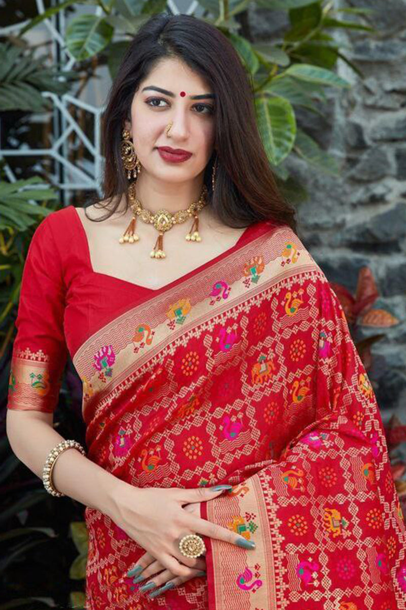 Sophisticated Red Color Banarasi Soft Silk Saree With Blouse Piece